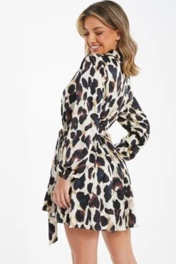 Stone Animal Print Satin Shirt Dress 10 Stone Animal Print Satin Shirt Dress -Princess Style Shop 00100036636 XB