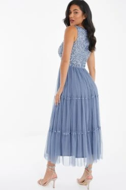 Blue Sequin Tulle Midi Dress -Princess Style Shop 00100036641 XB