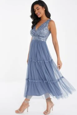 Blue Sequin Tulle Midi Dress -Princess Style Shop 00100036641 XS