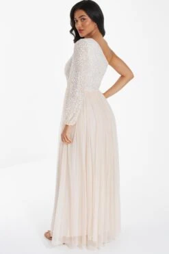 Champagne Sequin One Shoulder Maxi Dress -Princess Style Shop 00100036643 XB