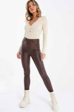 Cream Ribbed Button Long Sleeved Bodysuit -Princess Style Shop 00100036654 XS