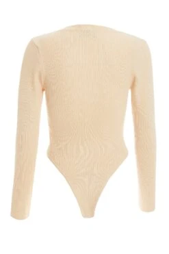 Cream Ribbed Button Long Sleeved Bodysuit -Princess Style Shop 00100036654 ZB
