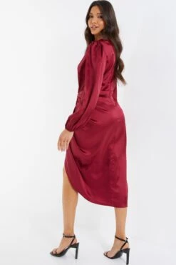 Berry Satin Long Sleeve Ruched Midi Dress -Princess Style Shop 00100036676 XB