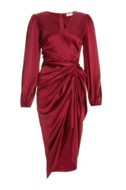 Berry Satin Long Sleeve Ruched Midi Dress