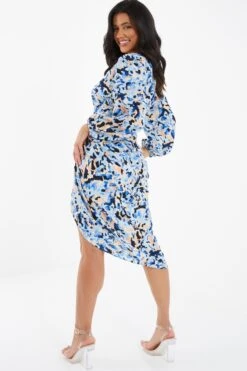 Blue Smudge Print Ruched Midi Dress -Princess Style Shop 00100036685 XB