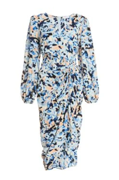 Blue Smudge Print Ruched Midi Dress