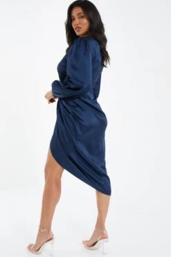 Navy Satin Ruched Midi Dress -Princess Style Shop 00100036687 XB
