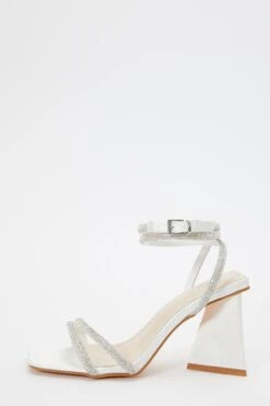 Bridal White Satin Diamante Triangle Heeled Sandals