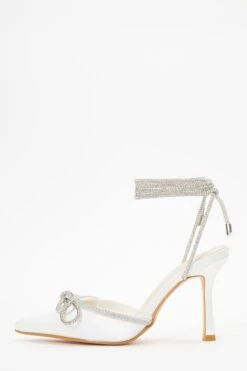 Bridal White Satin Diamante Bow Court Heels