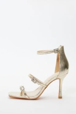 Gold Foil Strappy Buckle Heeled Sandals