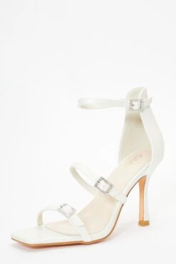 Bridal White Faux Leather Strappy Buckle Heeled Sandals 10 Bridal White Faux Leather Strappy Buckle Heeled Sandals -Princess Style Shop 00100036768 XB