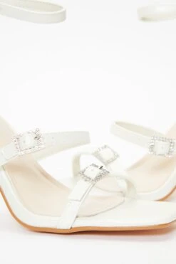 Bridal White Faux Leather Strappy Buckle Heeled Sandals 12 Bridal White Faux Leather Strappy Buckle Heeled Sandals -Princess Style Shop 00100036768 ZB