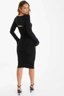 Black Knot Ruched Bodycon Midi Dress -Princess Style Shop 00100036800 XB