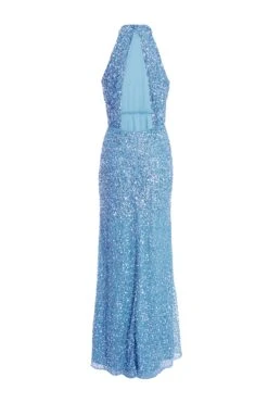 Blue Sequin Halter Neck Fishtail Maxi Dress -Princess Style Shop 00100036823 ZB