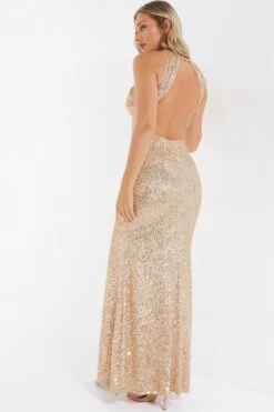 Rose Gold Sequin Halter Neck Fishtail Maxi Dress -Princess Style Shop 00100036824 XB