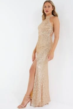 Rose Gold Sequin Halter Neck Fishtail Maxi Dress -Princess Style Shop 00100036824 XS