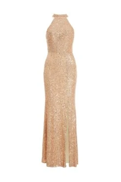 Rose Gold Sequin Halter Neck Fishtail Maxi Dress