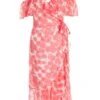 Coral Floral Cold Shoulder Wrap Midi Dress -Princess Style Shop 00100036834 ZM