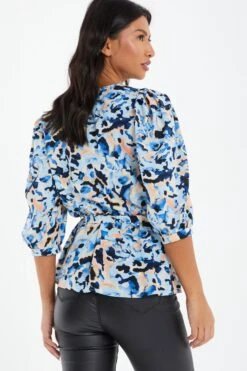 Blue Smudge Print Peplum Top -Princess Style Shop 00100036845 XB