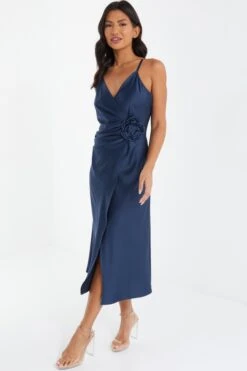 Navy Satin Wrap Floral Midi Dress 11 Navy Satin Wrap Floral Midi Dress -Princess Style Shop 00100036916 XS