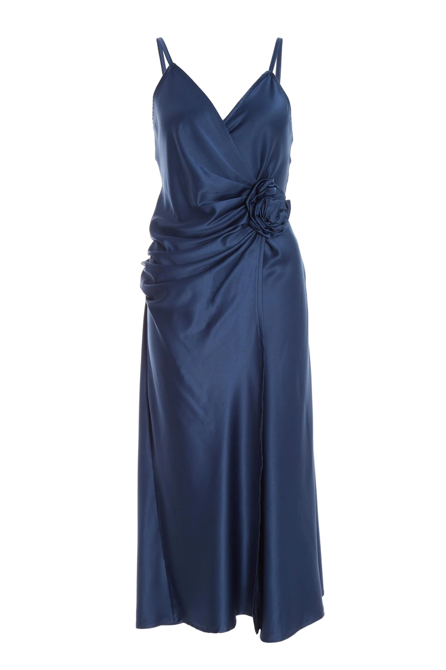Navy Satin Wrap Floral Midi Dress 3 Navy Satin Wrap Floral Midi Dress