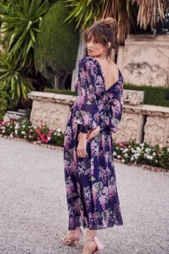 Navy Floral Chiffon Wrap Midi Dress -Princess Style Shop 00100036950 XB