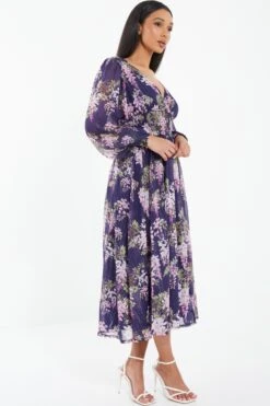 Navy Floral Chiffon Wrap Midi Dress -Princess Style Shop 00100036950 XS