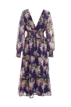 Navy Floral Chiffon Wrap Midi Dress -Princess Style Shop 00100036950 ZB