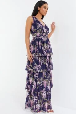 Navy Chiffon Floral Tiered Maxi Dress -Princess Style Shop 00100036951 XS