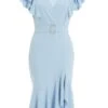 Light Blue Buckle Frill Midi Dress