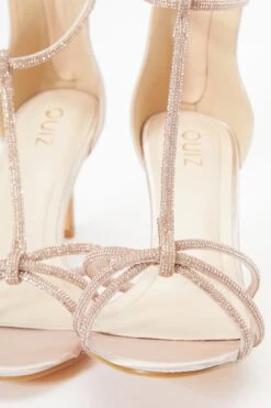 Champagne Satin Diamante T-Bar Heeled Sandals -Princess Style Shop 00100036980 ZB