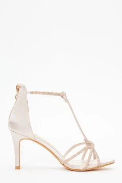 Champagne Satin Diamante T-Bar Heeled Sandals -Princess Style Shop 00100036980 ZS