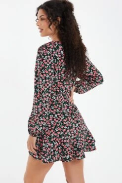 Black Ditsy Floral Wrap Mini Dress -Princess Style Shop 00100036991 XB