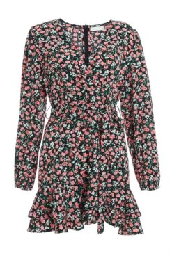 Black Ditsy Floral Wrap Mini Dress