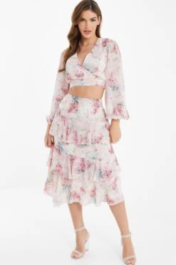 Light Pink Chiffon Floral Tiered Midi Skirt -Princess Style Shop 00100037025 XS