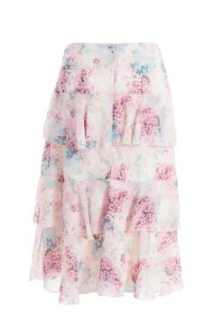 Light Pink Chiffon Floral Tiered Midi Skirt