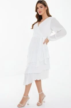 White Chiffon Crinkle Wrap Midi Dress -Princess Style Shop 00100037029 XS