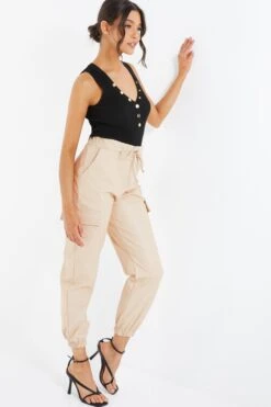 Stone Faux Leather Cargo Trousers -Princess Style Shop 00100037034 XS