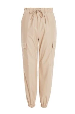 Stone Faux Leather Cargo Trousers