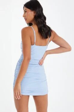 Blue Tie Front Ruched Bodycon Mini Dress -Princess Style Shop 00100037044 XB