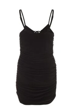 Black Tie Front Ruched Bodycon Mini Dress -Princess Style Shop 00100037045 ZB