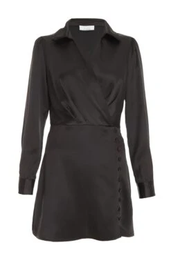 Black Satin Button Mini Shirt Dress