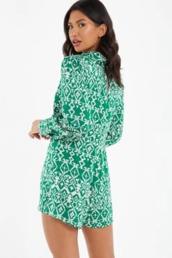 Green Satin Aztec Wrap Playsuit -Princess Style Shop 00100037098 XB