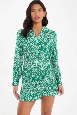 Green Satin Aztec Wrap Playsuit -Princess Style Shop 00100037098 XM