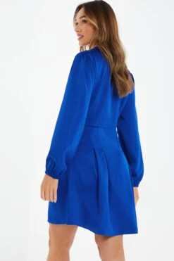 Royal Blue Satin Button Shirt Mini Dress -Princess Style Shop 00100037135 XB