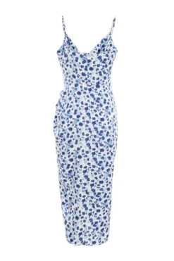 Blue Satin Animal Print Ruched Midi Dress -Princess Style Shop 00100037160 ZB