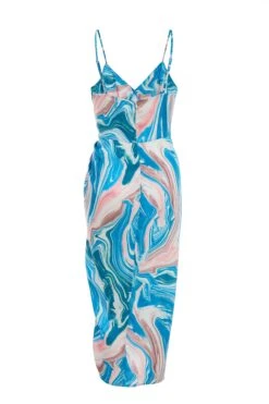 Blue Satin Marble Print Ruched Midi Dress -Princess Style Shop 00100037174 ZB
