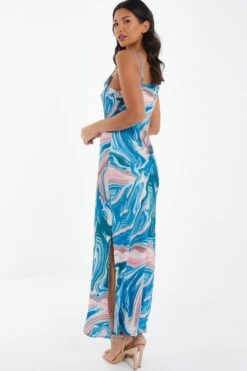 Blue Satin Marble Print Midaxi Dress -Princess Style Shop 00100037175 XB