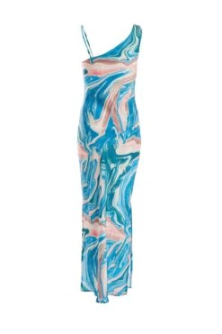 Blue Satin Marble Print Midaxi Dress -Princess Style Shop 00100037175 ZB