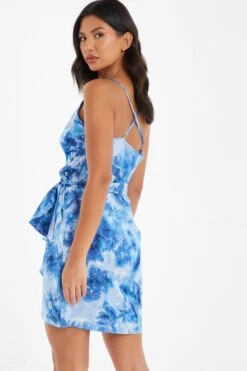 Blue Satin Marble Print Wrap Mini Dress -Princess Style Shop 00100037206 XB